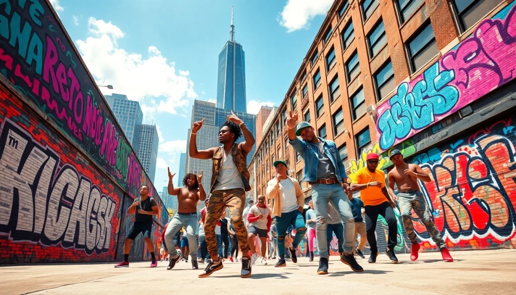 Chicago hip-hop artists passionately performing against a colorful mural in Chicago's urban setting.