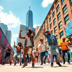 Chicago hip-hop artists passionately performing against a colorful mural in Chicago's urban setting.