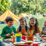 Children enjoying activities at holiday camps, showcasing creativity and teamwork in a vibrant outdoor setting.