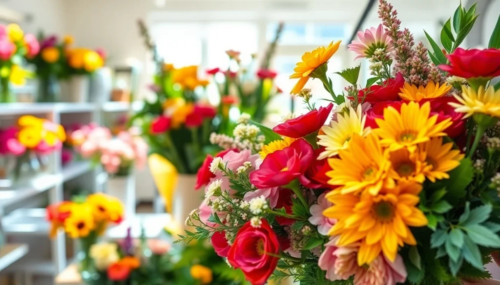 Vibrant florist crafting a bouquet at a sunny shop, showcasing the essence of Irvine florist.
