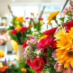 Vibrant florist crafting a bouquet at a sunny shop, showcasing the essence of Irvine florist.