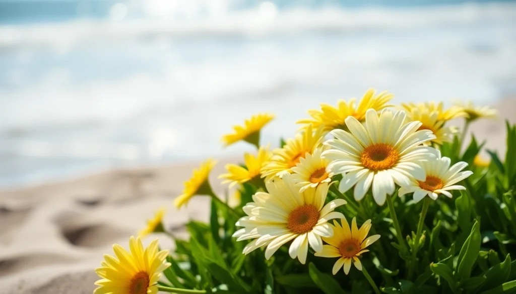 Arrange Huntington Beach flowers in a vibrant beach-side setting showcasing lively colors.