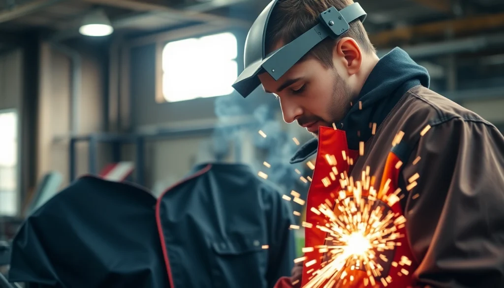 Welder demonstrating the use of a flame-resistant welding jacket for safety.