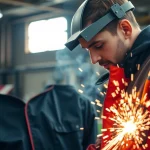Welder demonstrating the use of a flame-resistant welding jacket for safety.