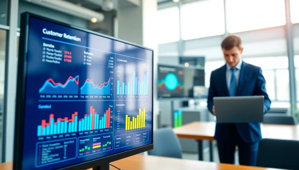 Analyze customer retention software metrics on a vibrant digital dashboard with graphs and charts.
