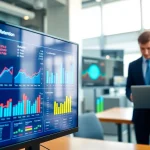 Analyze customer retention software metrics on a vibrant digital dashboard with graphs and charts.