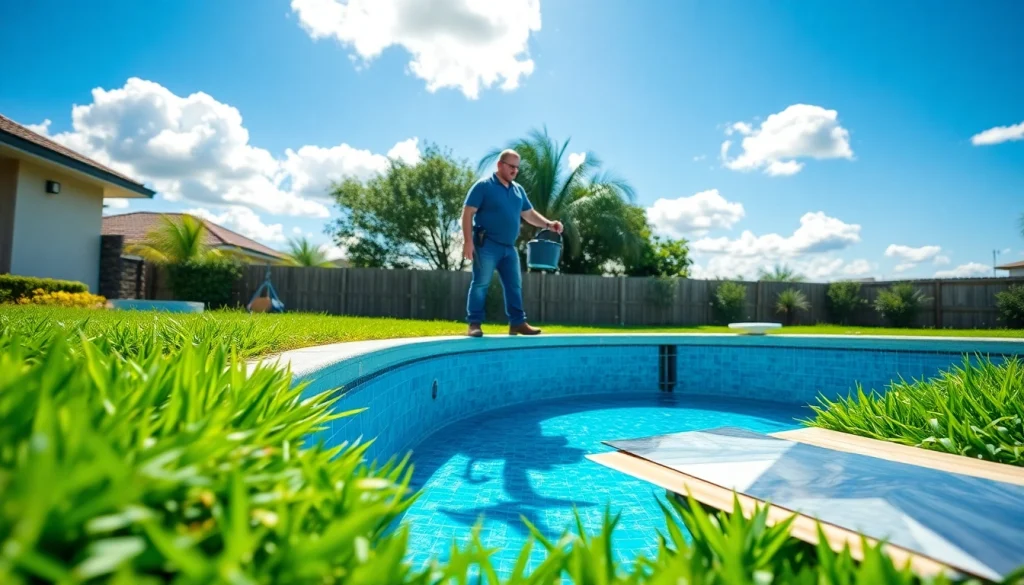 Professionals engaging in swimming pool installation in a sunny backyard with a partially completed inground pool.