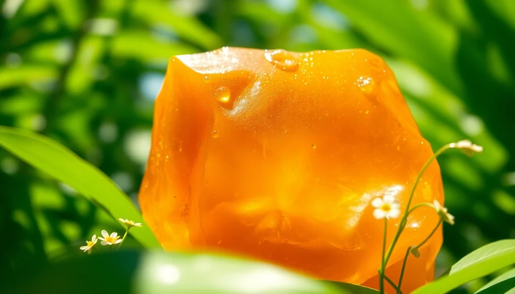 Benjoin resin glistening in sunlight, showcasing its rich color and natural elegance.