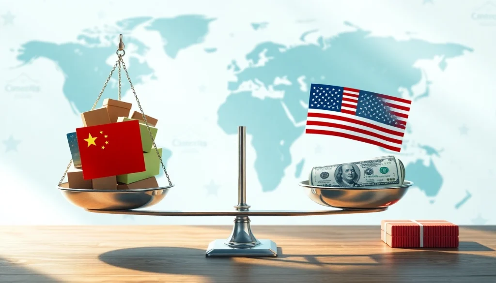 Visual representation of import tariffs china showing a balance scale weighing Chinese goods against American currency.