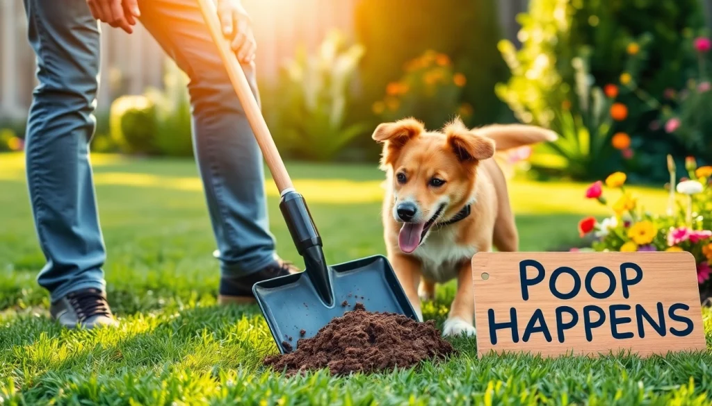 A dog owner demonstrates how to clean up dog poop efficiently in a sunny backyard setting.