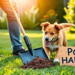 A dog owner demonstrates how to clean up dog poop efficiently in a sunny backyard setting.
