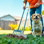Efficient alamo ranch poop scooper cleaning a backyard while a happy dog watches.