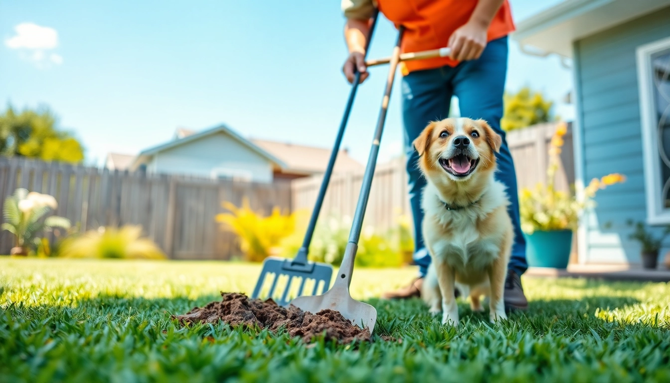Efficient alamo ranch poop scooper cleaning a backyard while a happy dog watches.