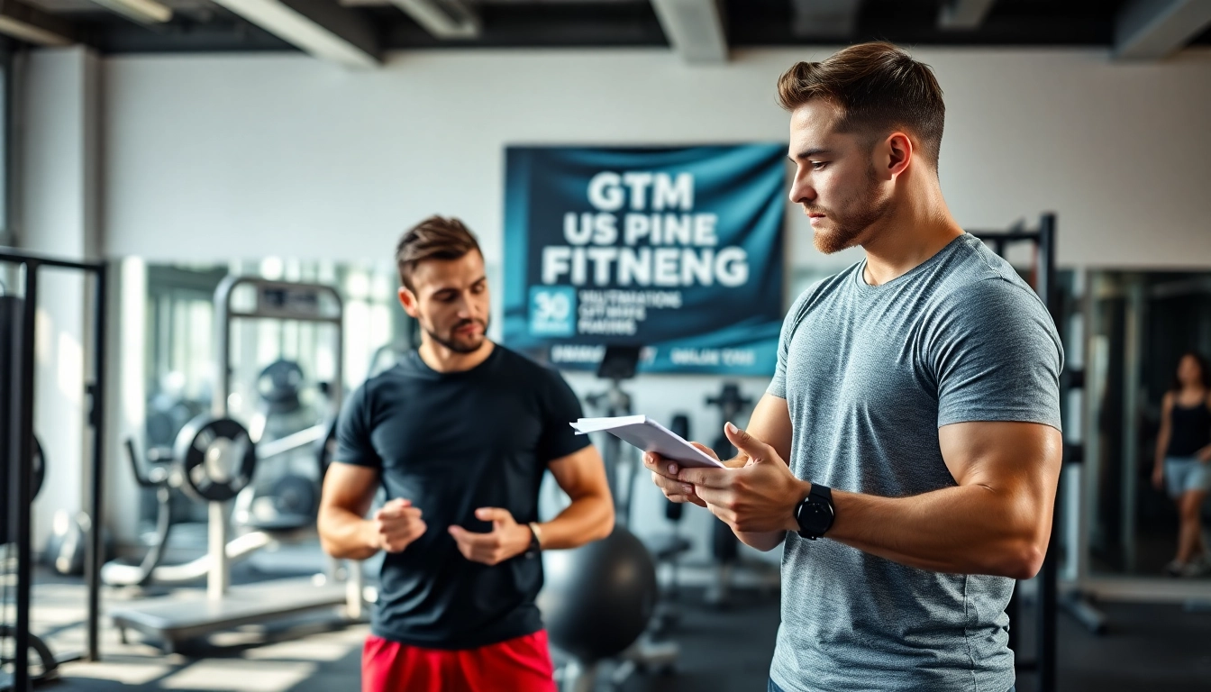 Engaged client receiving personalized gym training consultation from a professional trainer.