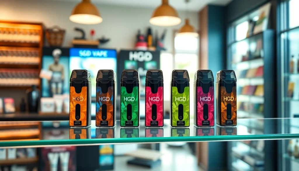 Hqd pods in einem modernen, stilvollen Vape-Shop mit verschiedenen Geschmacksrichtungen und Farben ansprechend präsentiert.