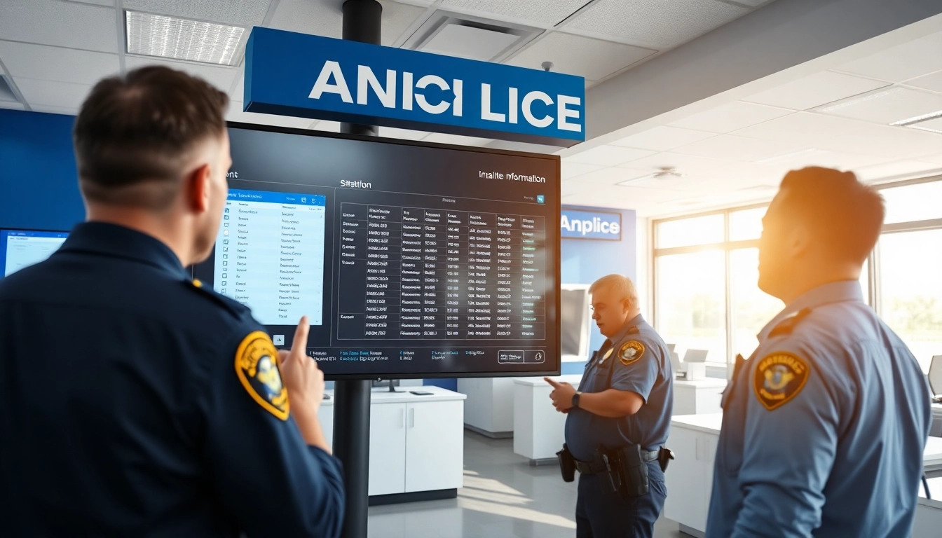 Access Anaheim Police Station inmate information through interactive displays in a professional setting.