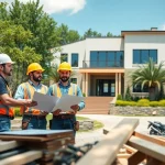 Engaged custom home builders near me collaborating on a luxurious home project in bright daylight.