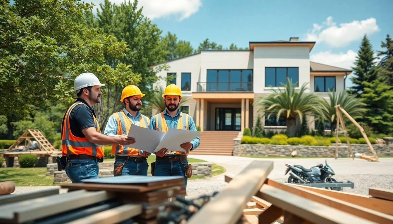 Engaged custom home builders near me collaborating on a luxurious home project in bright daylight.