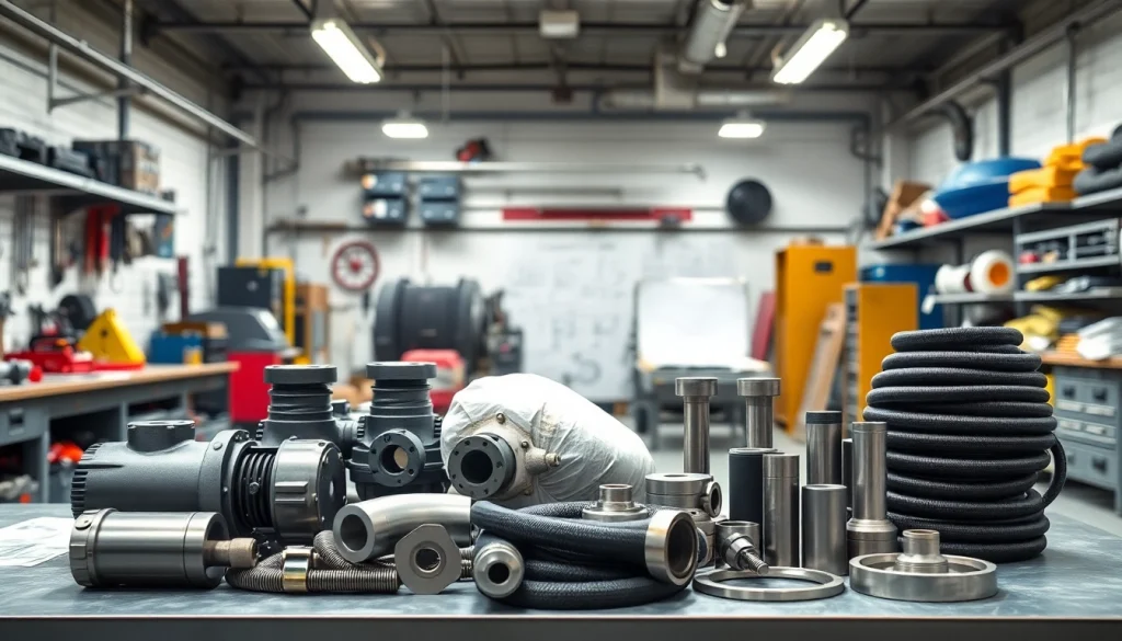 Showcase of concrete pump spare parts organized in a professional workshop environment.