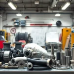 Showcase of concrete pump spare parts organized in a professional workshop environment.
