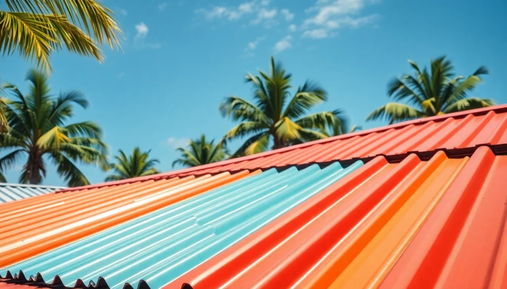 Install vibrant florida metal roofing panels amidst a sunny Florida environment.