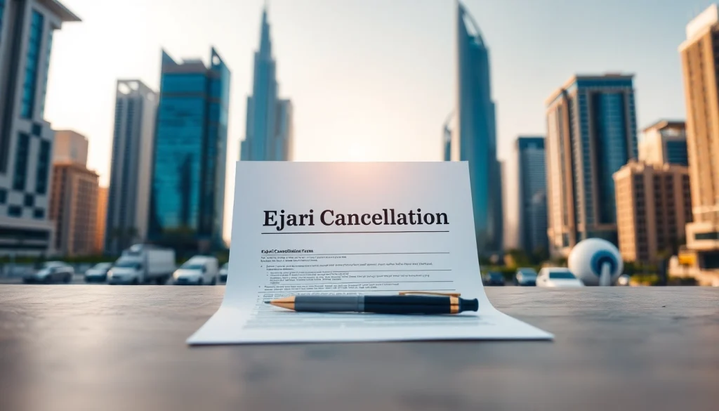 Completing ejari cancellation paperwork with Dubai skyline in the background, signifying efficiency.