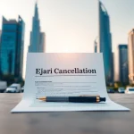 Completing ejari cancellation paperwork with Dubai skyline in the background, signifying efficiency.