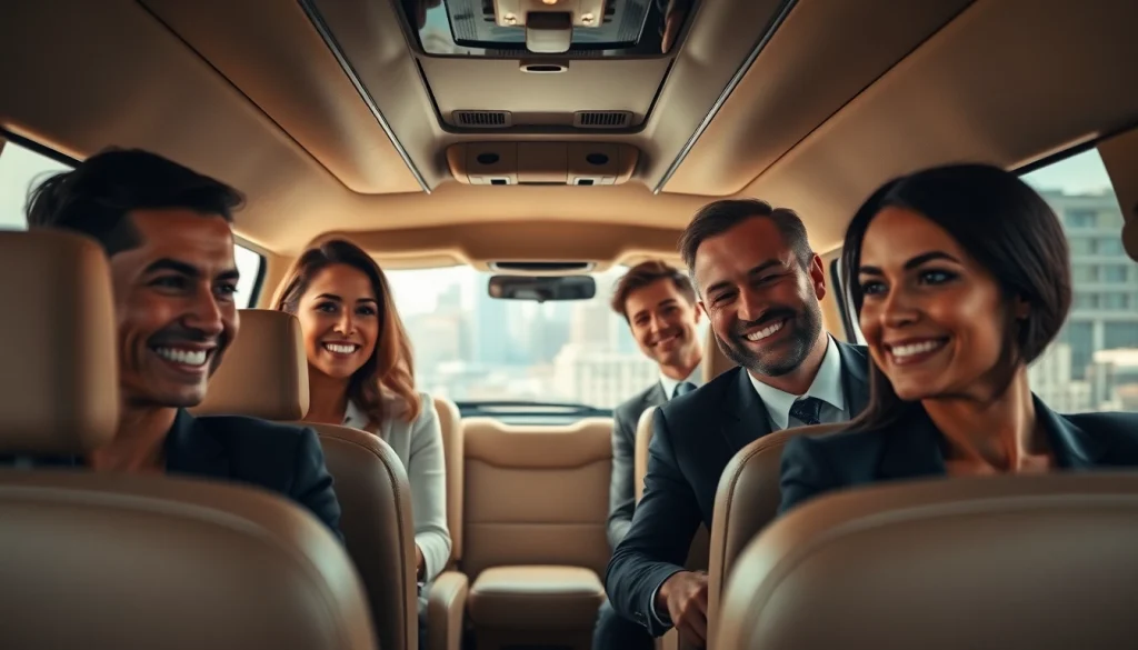 Executive transportation group enjoying a luxurious ride in a premium van.
