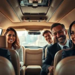 Executive transportation group enjoying a luxurious ride in a premium van.