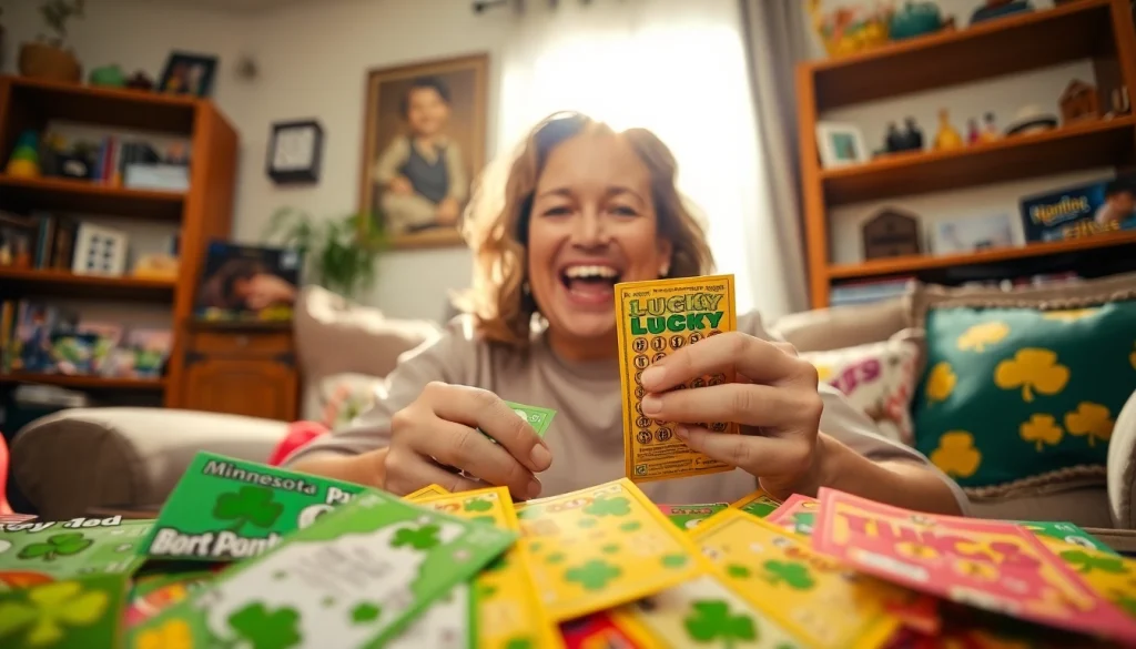 Engaging player enjoying the mn lottery scratch game experience with colorful tickets.