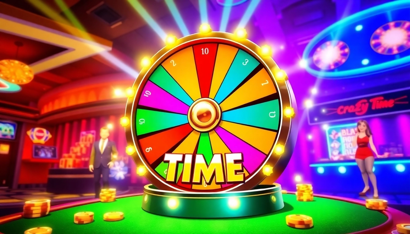 Engage with the rtp crazy time in this lively casino game setting featuring the colorful wheel.