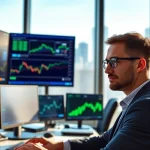 Stock picker carefully analyzing market data in a modern office environment.