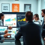 Conducting competitor pricing analysis with a diverse team using digital tools and data.