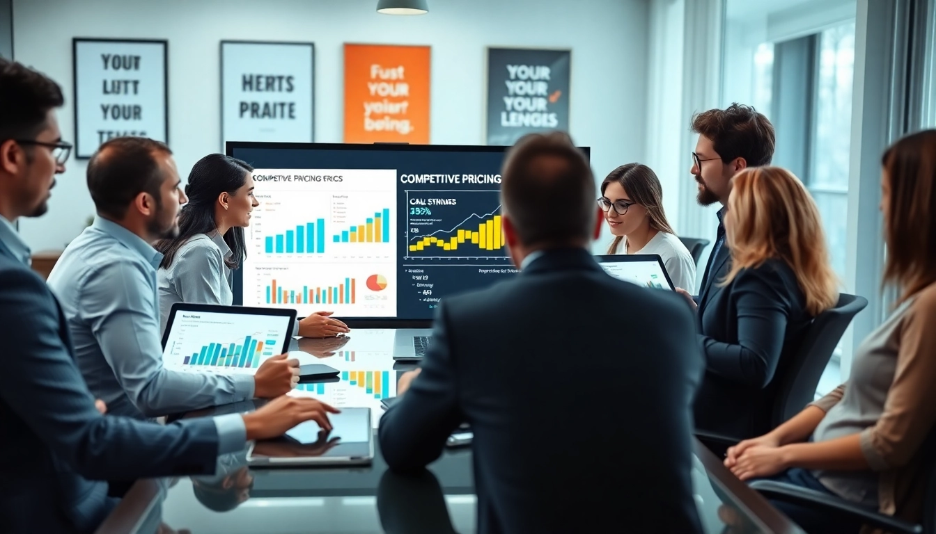 Conducting competitor pricing analysis with a diverse team using digital tools and data.
