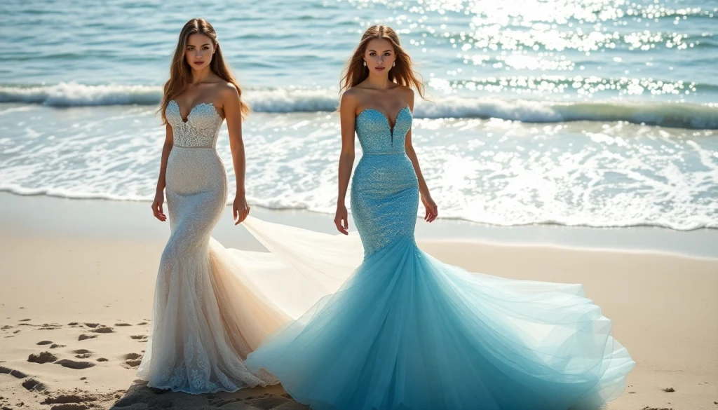 Models showcasing exquisite mermaid wedding dresses in a serene beach setting with natural light.