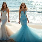 Models showcasing exquisite mermaid wedding dresses in a serene beach setting with natural light.