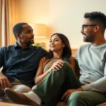 Couple engaging in open communication in relationships with warm expressions and a cozy setting.