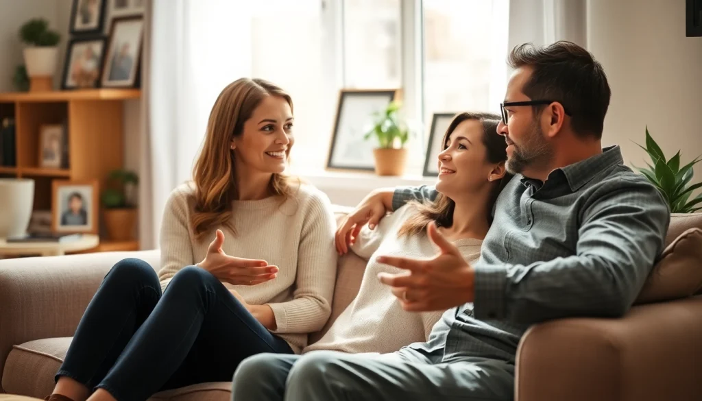 Couple communicating in relationships, sharing emotions in a cozy living room setting.