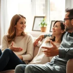Couple communicating in relationships, sharing emotions in a cozy living room setting.