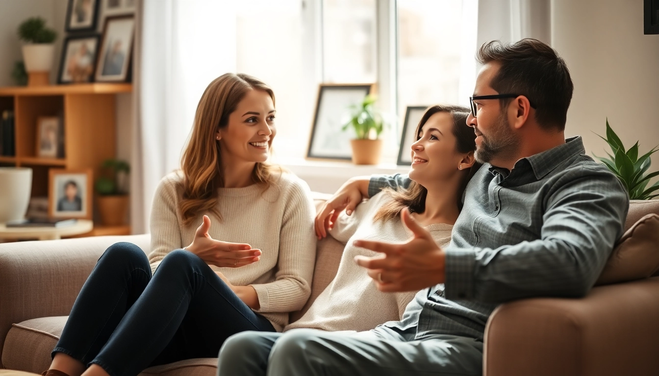Couple communicating in relationships, sharing emotions in a cozy living room setting.