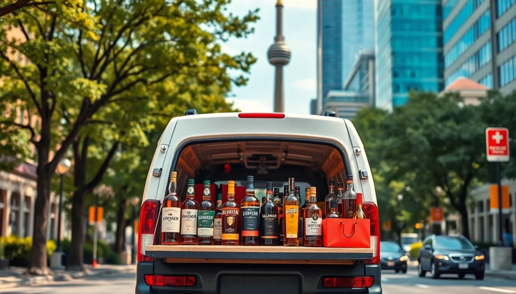 Experience lcbo delivery Toronto with a professional van filled with diverse liquors amidst the vibrant city.