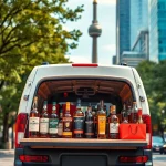 Experience lcbo delivery Toronto with a professional van filled with diverse liquors amidst the vibrant city.
