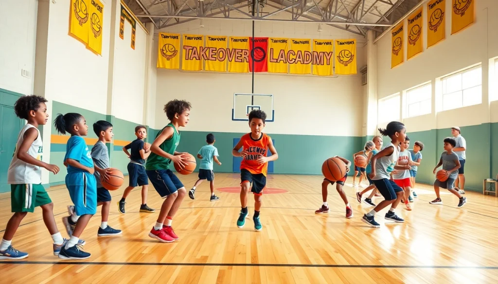Train young athletes at Takeover Basketball Academy during a dynamic drill session in a bright gym.