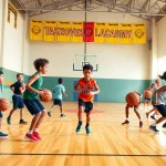 Train young athletes at Takeover Basketball Academy during a dynamic drill session in a bright gym.