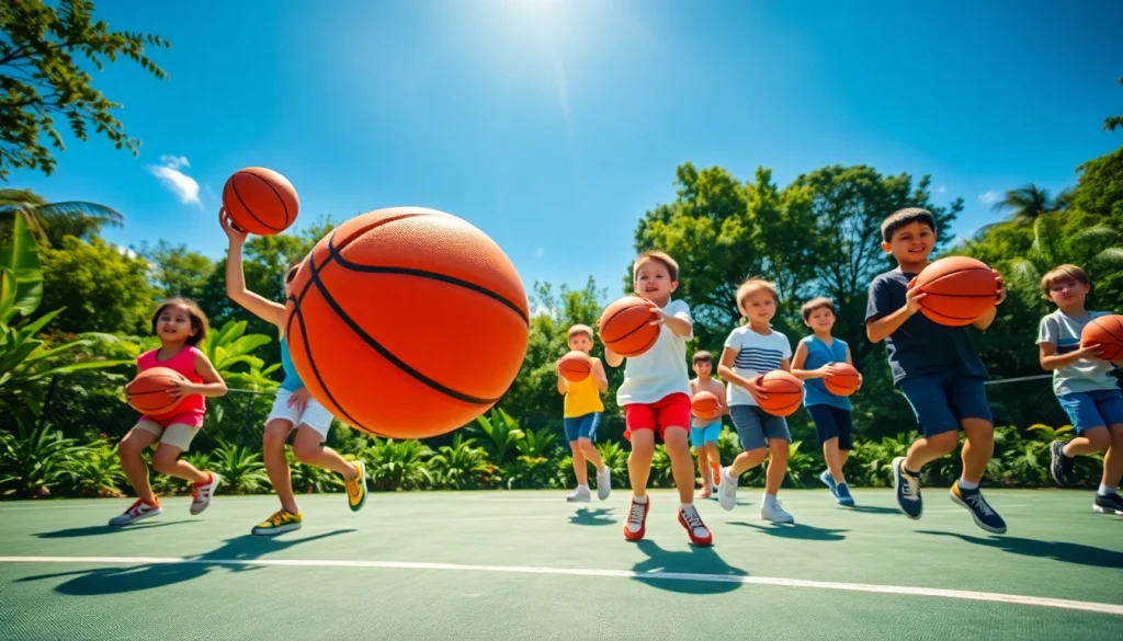 Young basketball enthusiasts showcasing their skills on an outdoor court with bright smiles.