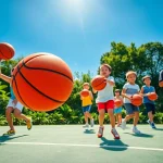 Young basketball enthusiasts showcasing their skills on an outdoor court with bright smiles.