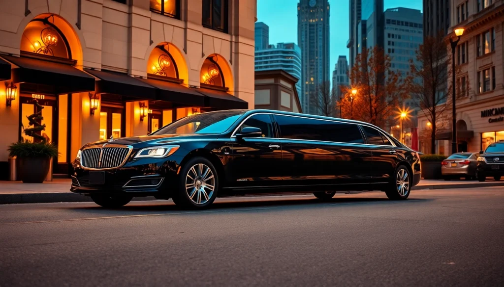 Experience premium car service Atlanta with a sleek black limousine awaiting clients outside a distinguished venue.
