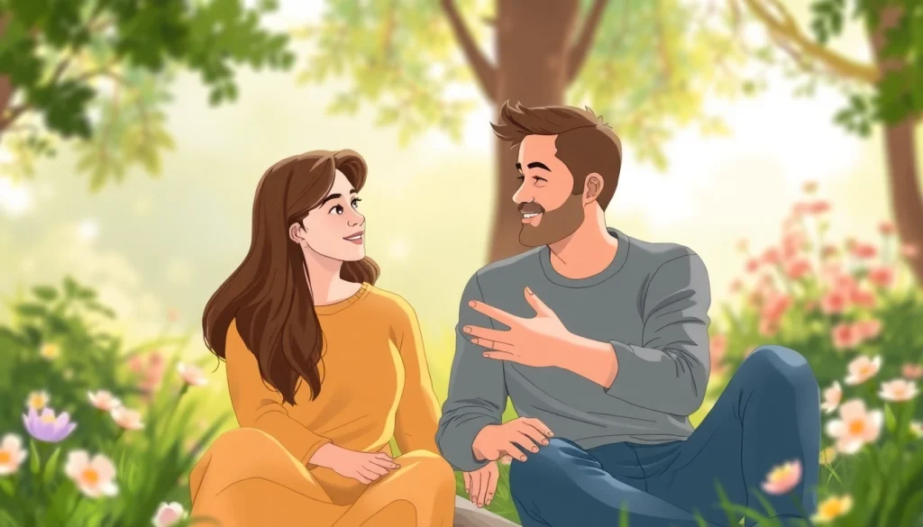Couple communicating in relationships through heartfelt conversation in a cozy outdoor setting.