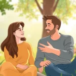 Couple communicating in relationships through heartfelt conversation in a cozy outdoor setting.