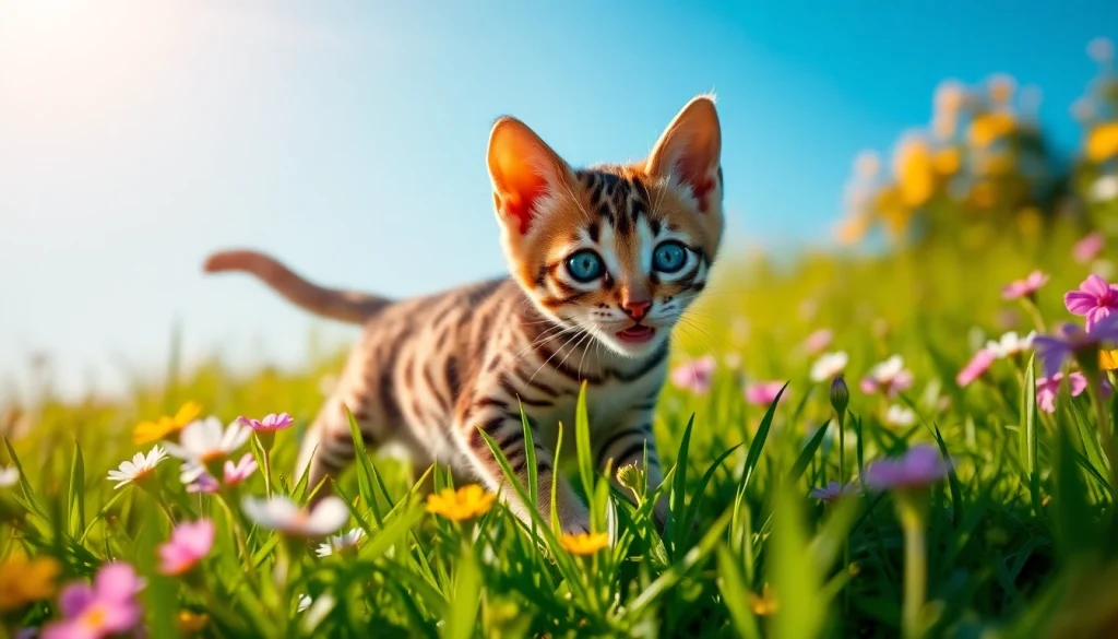 Bengal Kittens for Sale playing in a sunny meadow surrounded by colorful flowers.